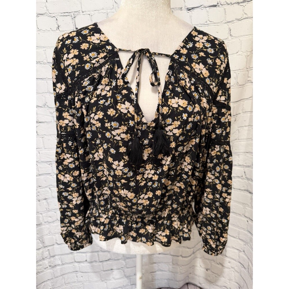 American Eagle Women's Black Floral Long Sleeve Romantic Blouse Soft Medium